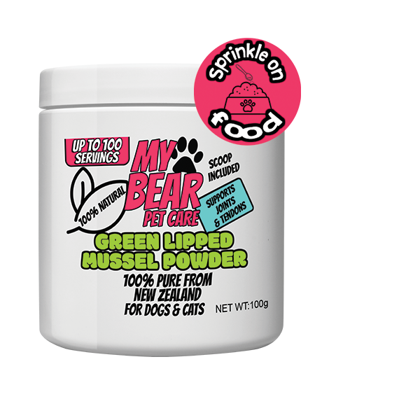 Jar of My Bear Pet Care Green Lipped Mussel Powder with colorful text on a white background