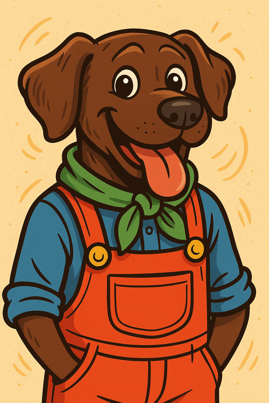 Cartoon dog wearing orange overalls and a green scarf on a beige background