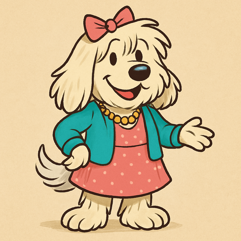 Cartoon dog character with a pink bow, blue jacket, and red dress on a beige background