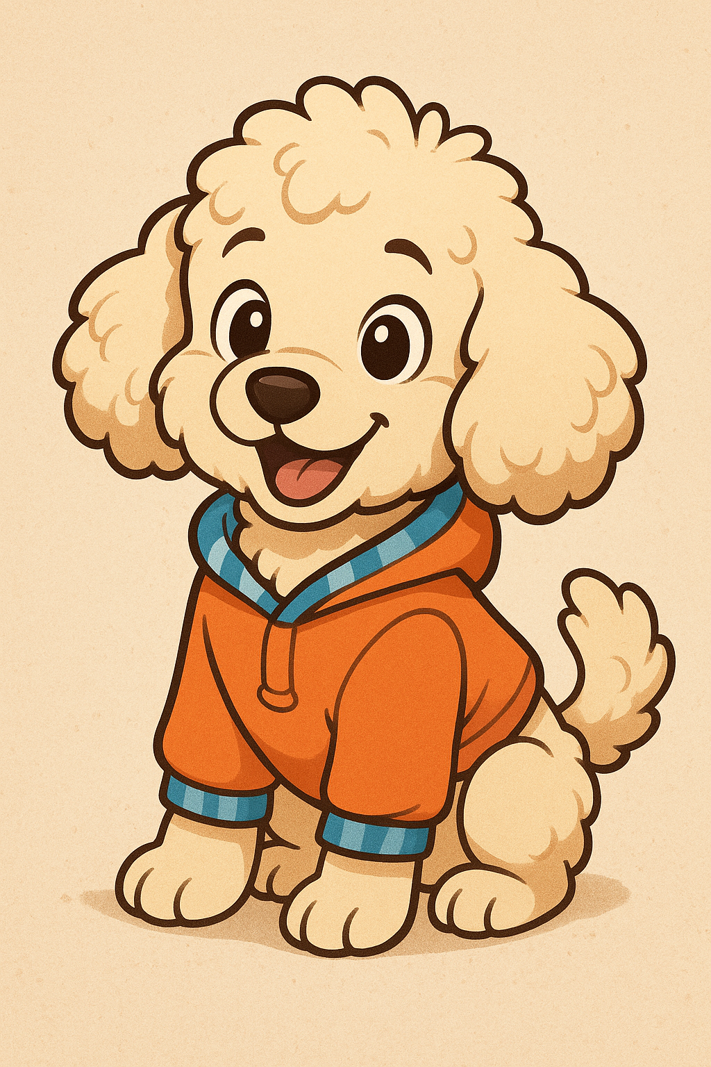 Cartoon dog in an orange outfit with a blue collar on a beige background