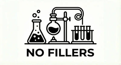Science-themed logo with beakers and test tubes and 'NO FILLERS' text on a white background