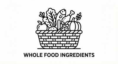 Basket of whole food ingredients with text 'WHOLE FOOD INGREDIENTS' on a white background