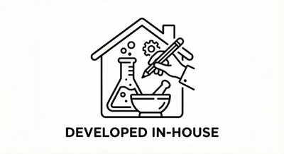 Icon of a house with scientific equipment and a hand holding a pen, with text 'Developed In-House' below.