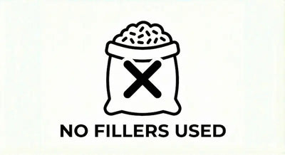 Icon of a bag with 'No Fillers Used' text on a white background
