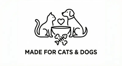 Logo with two dogs and a heart above a bowl, symbolizing 'Made for Cats & Dogs' on a white background.