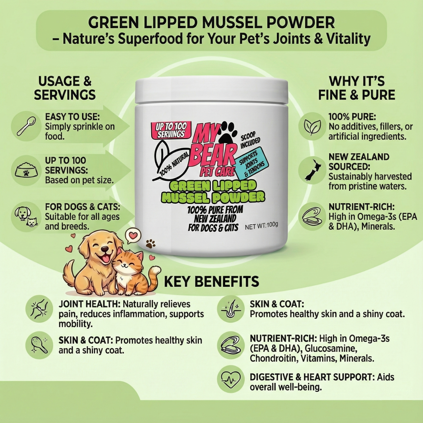 Green lipped mussel powder container with product details on a green background