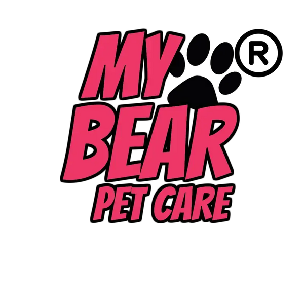 Logo of My Bear Pet Care with pink text and a black paw print on a white background