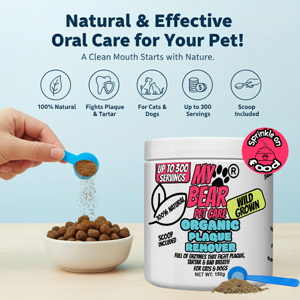 My Bear Pet Care Organic Plaque Remover with a container and bowl of pet food on a light blue background. Plaque off