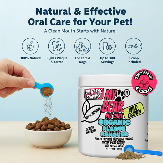 My Bear Pet Care Organic Plaque Remover with a container and bowl of pet food on a light blue background. Plaque off