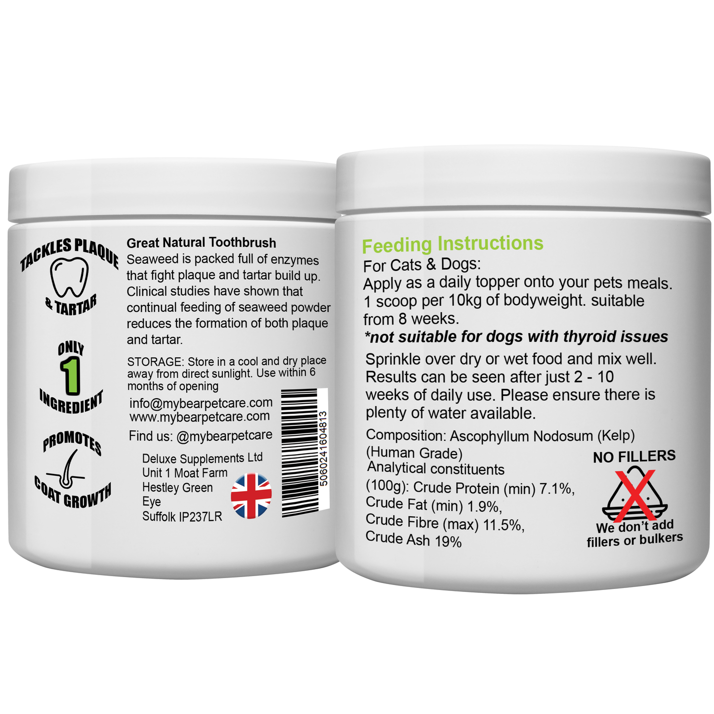 Two containers of a pet supplement with labels detailing feeding instructions and product information. kelp plaque off