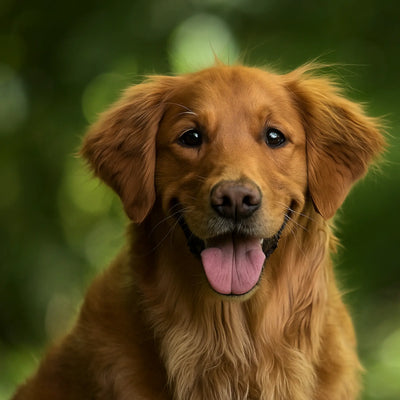 Brown dog with a happy expression against a blurred green background