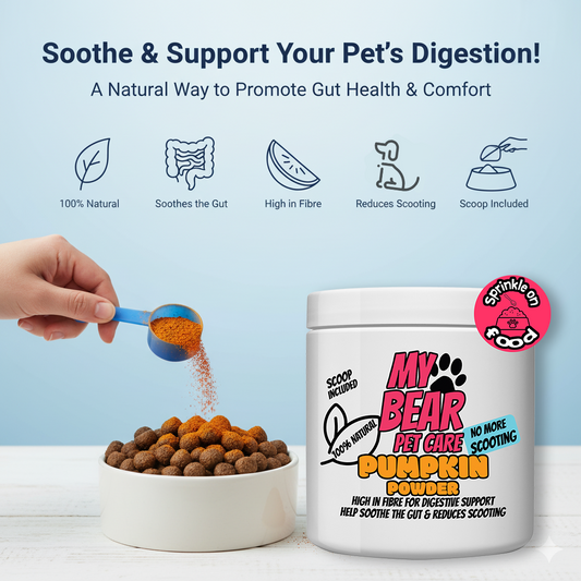 Pet care product for digestion with a container labeled 'My Bear Pet Care' on a light blue background. Pumpkin powder