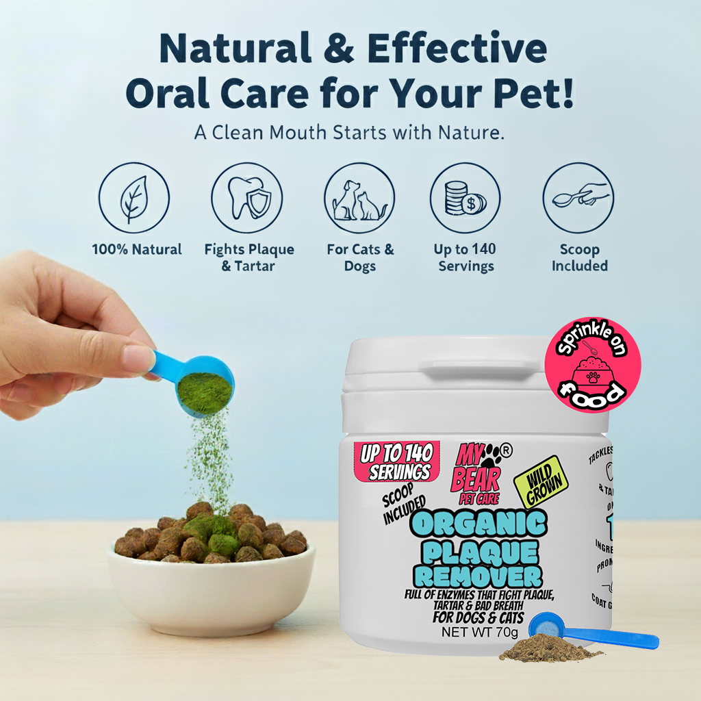 Organic plaque remover for pets with a hand scooping product from a container.  Plaque off