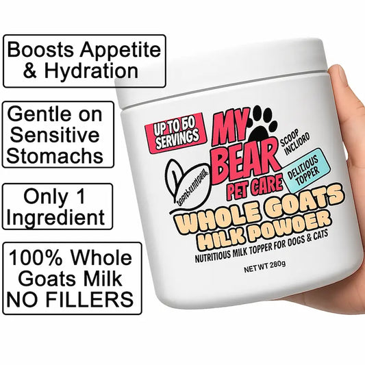 Container of My Bear Pet Care Whole Goats Milk Powder with text highlighting benefits on a white background