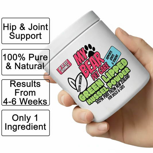Hand holding a container of 'My Bear Pet Care' product with text about hip and joint support, purity, results, and ingredients.