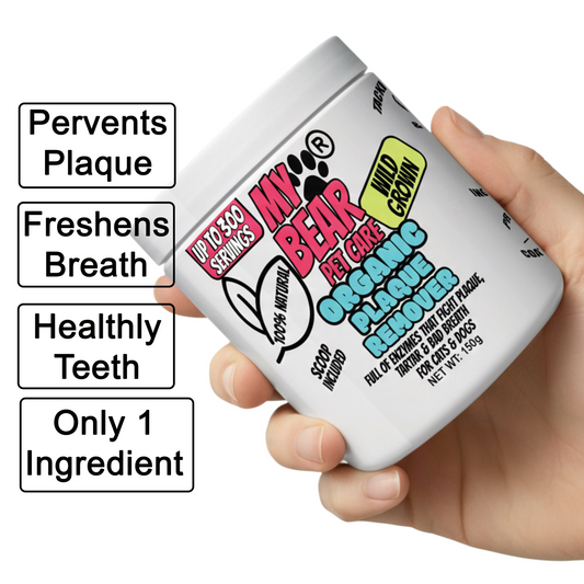 Hand holding a container of My Bear Pet Care Organic Plaque Remover with colourful text on a white background